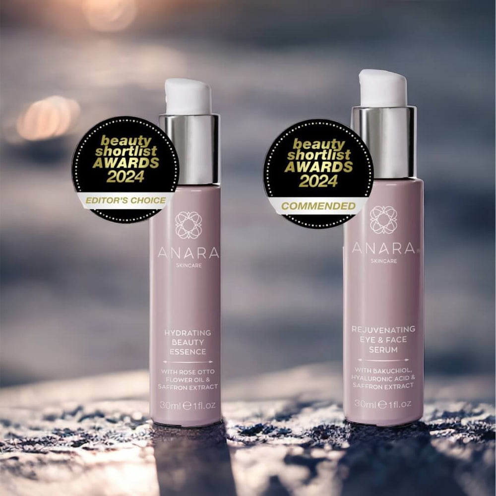 Anara Skincare Hydrating Beauty Essence and Rejuvenating Eye & Face Serum outside at dusk with the Beauty Shortlist Awards 2024 logos.