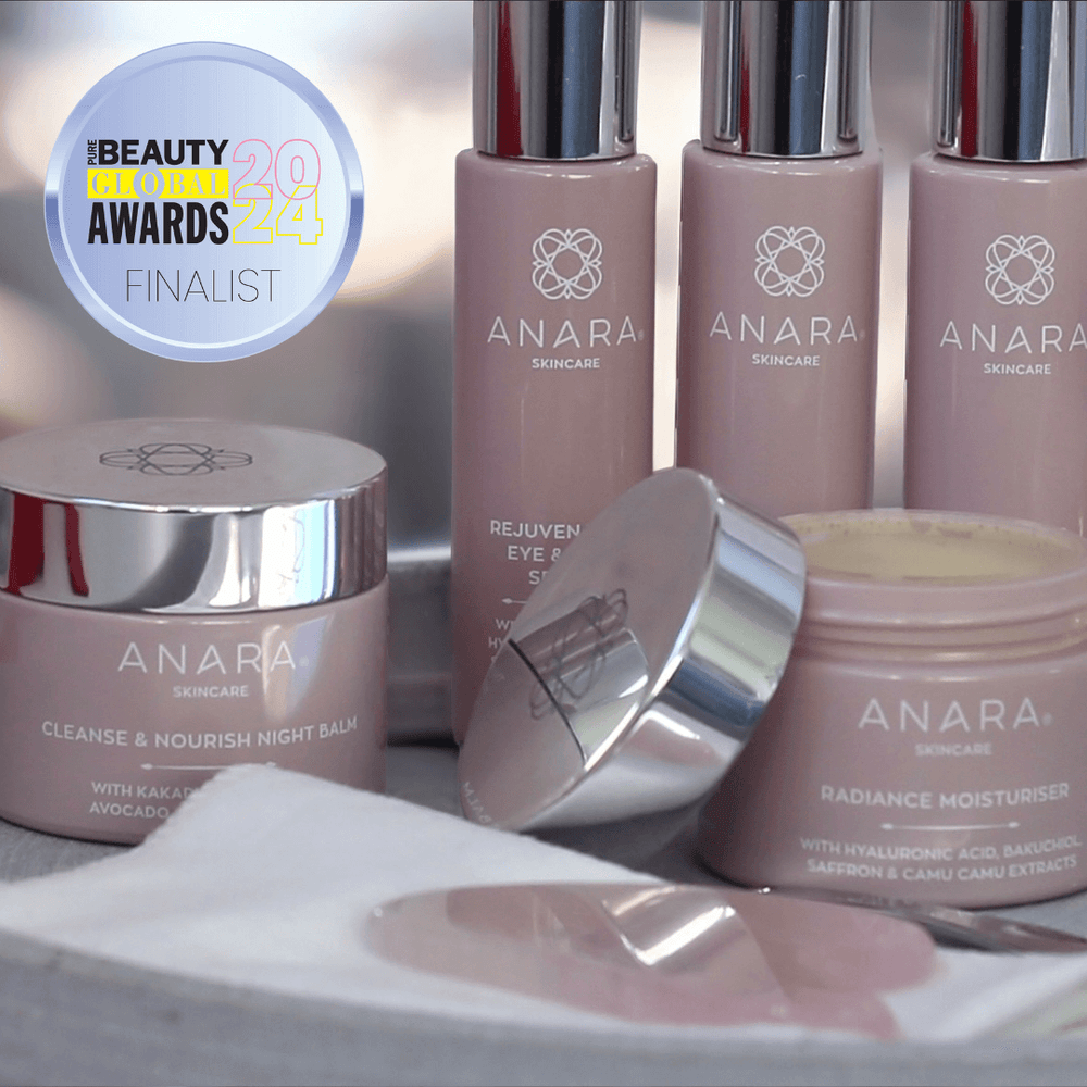 The Anara Skincare range outside surrounded by sunlight with the Pure Beauty Global Awards Finalist Logo.