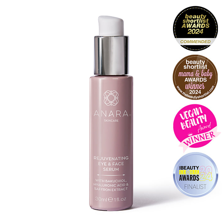 
                  
                    Anara Rejuvenating Eye & Face Serum featuring the Beauty Shortlist Commended Logo and the Vegan Beauty Award Winner logo and the Global Beauty Awards Finalist logo.
                  
                