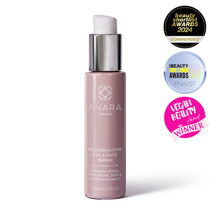 Anara Rejuvenating Eye & Face Serum featuring the Beauty Shortlist Commended Logo and the Vegan Beauty Award Winner logo and the Global Beauty Awards Finalist logo.