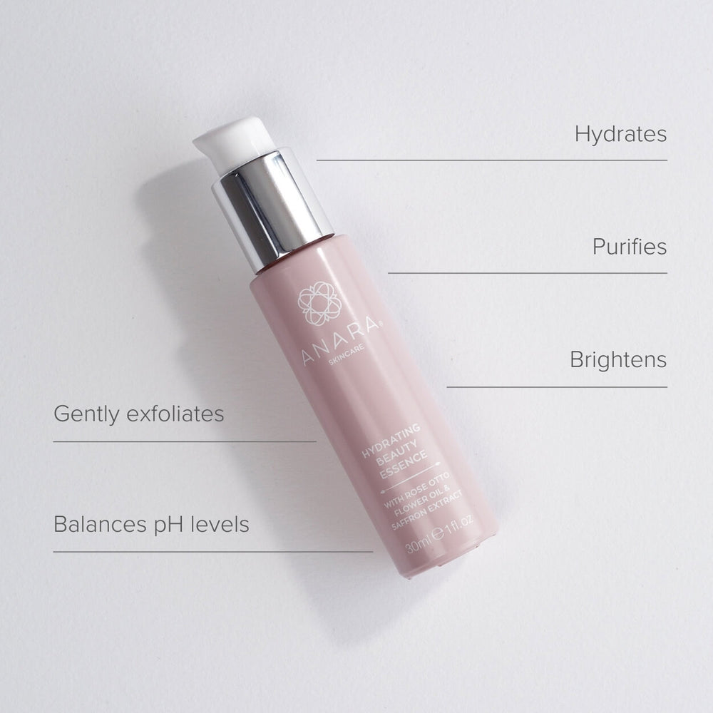 
                  
                    Bottle of Anara Hydrating Beauty Essence with product benefits listed
                  
                