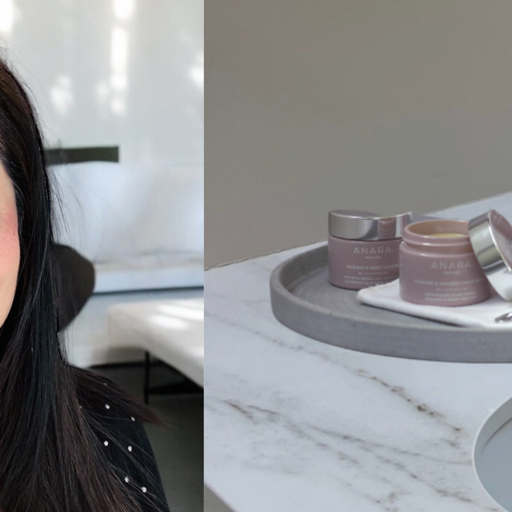 Arati founder of Anara and the Anara Skincare range on a grey tray in a bathroom