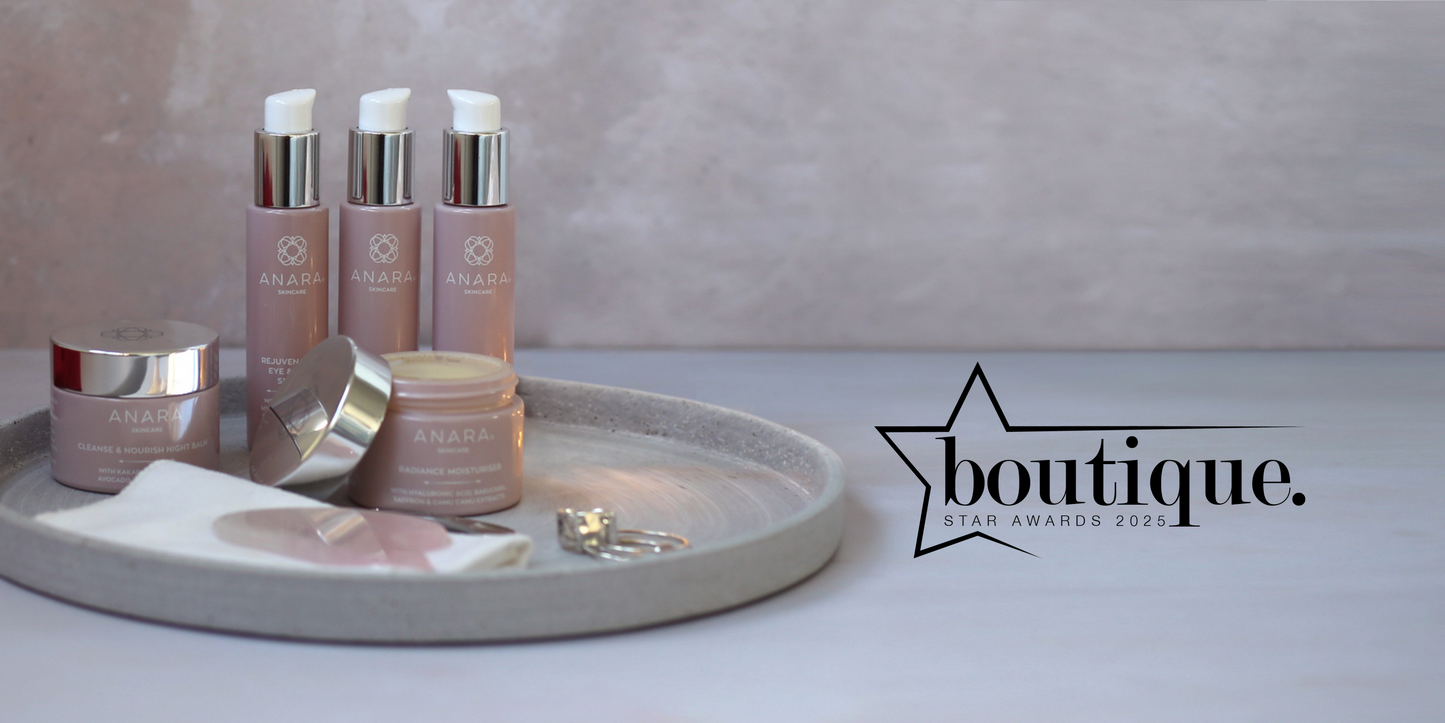 The Anara range on a grey tray with the Boutique Magazine Star Awards 2025 logo