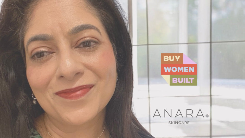Anara Skincare's Founder Arati Nar with the Buy Women Built Logo and the Anara logo