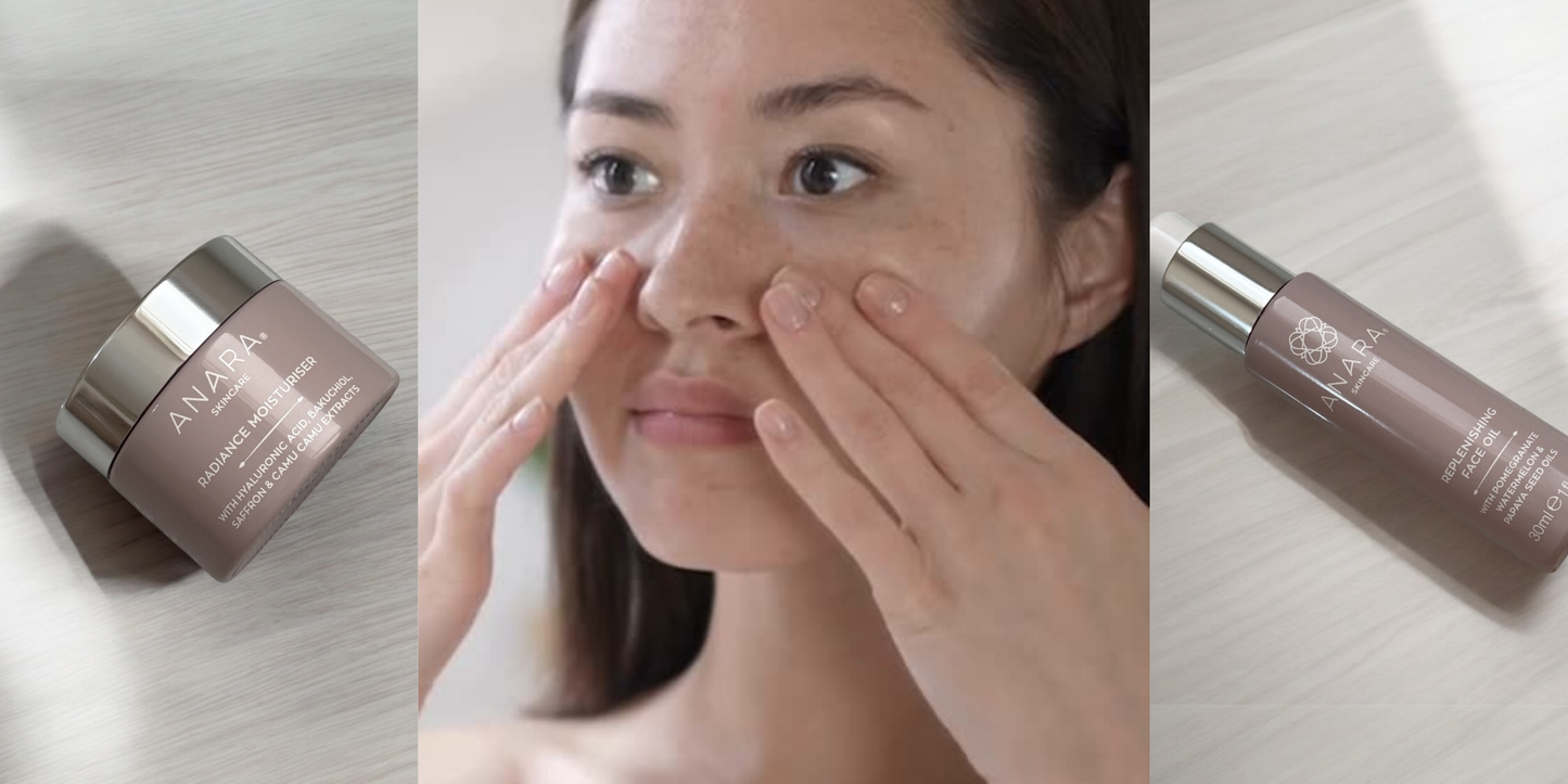 Anara Skincare Radiance Moisturiser, Replenishing Face Oil with a lady with hands on her face applying skincare