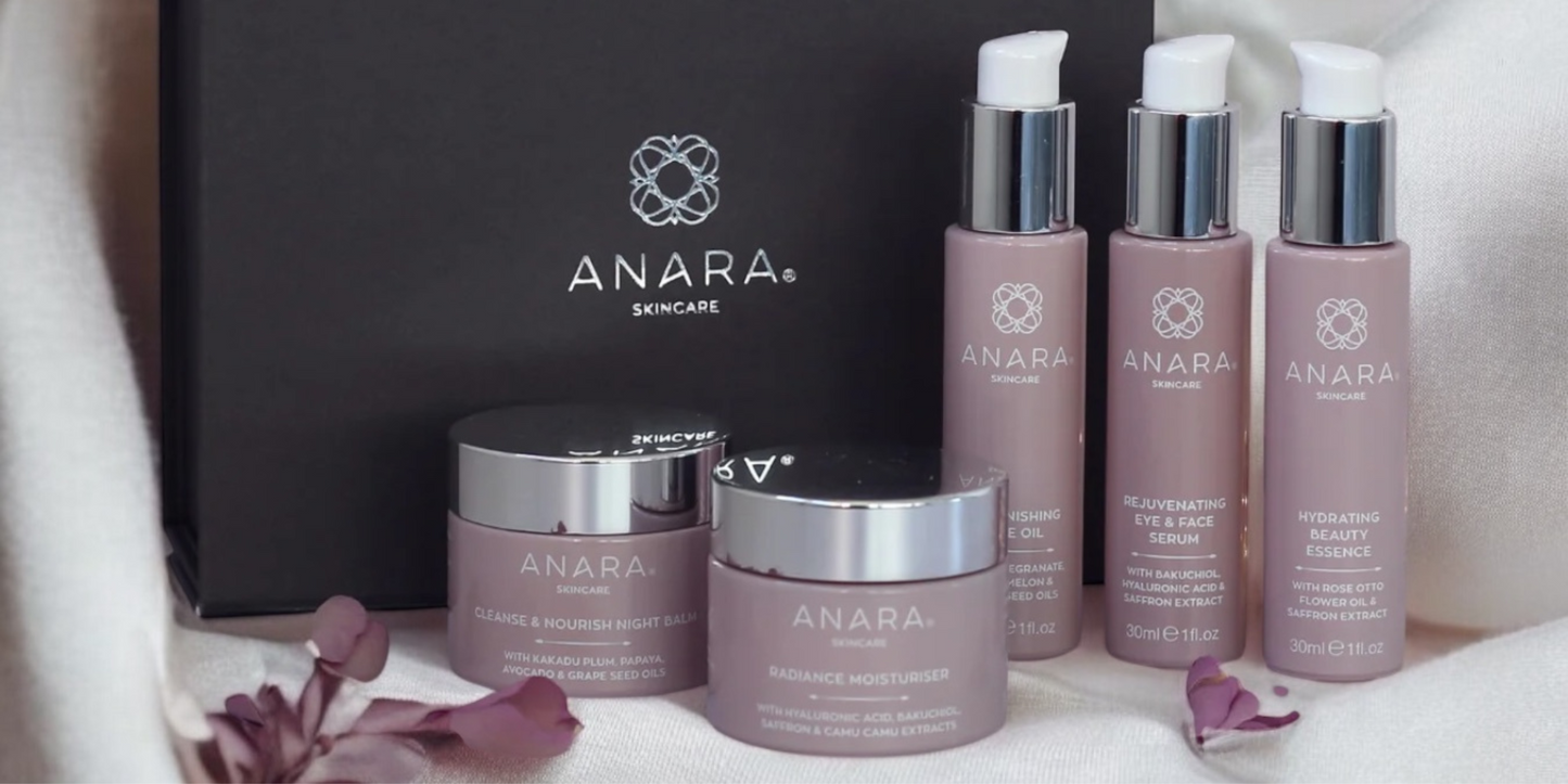 The Anara range with gift box on cream fabric backdrop