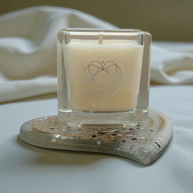 Anara Skincare square candle on heart shape Eratini fused glass plate a