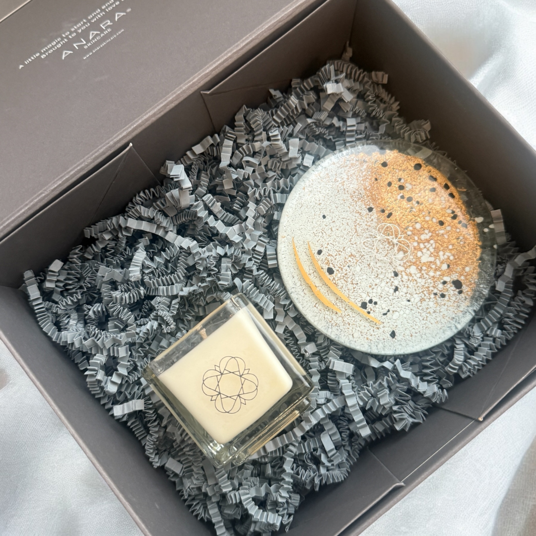 Anara cube candle and Eratini fused candle plate inside Anara grey branded gift box