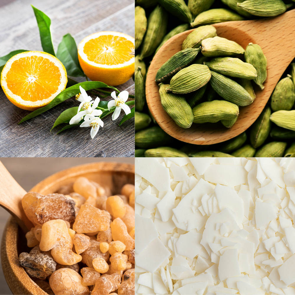 
                  
                    Grid of ingredients - orange, neroli, cardamom, frankincense, benzoin, soy wax
                  
                