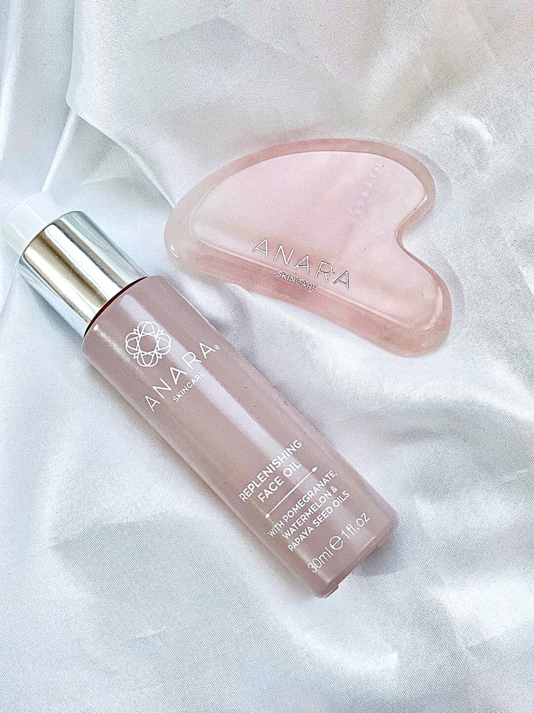 Replenishing Face Oil and Rose Quartx Gua Sha facial massage tool