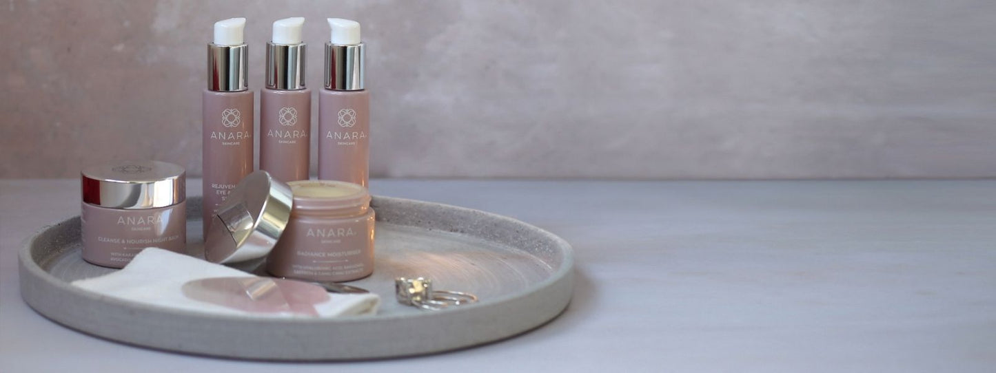 Anara range on a grey tray against a textured grey background