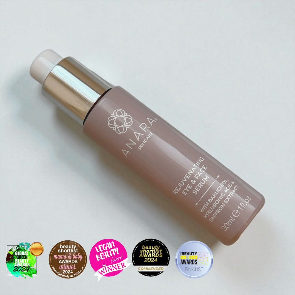 Anara Skincare Rejuvenating Eye & Face serum bottle on a light grey background with awards displayed below.
