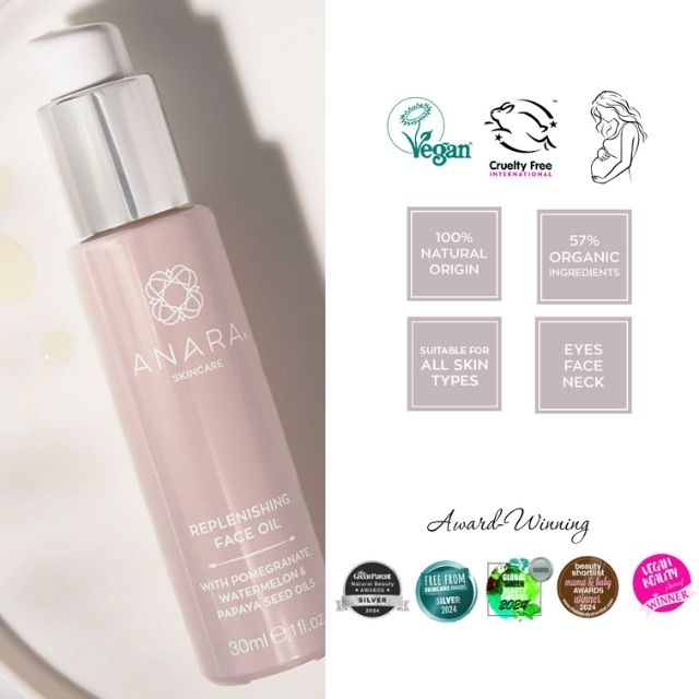 
                  
                    Anara Skncare Replenishing Face Oil with award logos and credentials
                  
                