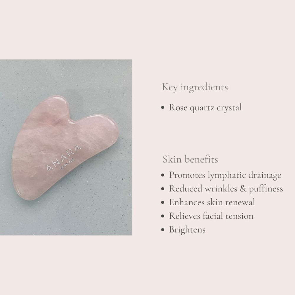 
                  
                    Rose quartz crystal gua sha tool with ANARA branding on a light grey background with skin benefits listed
                  
                