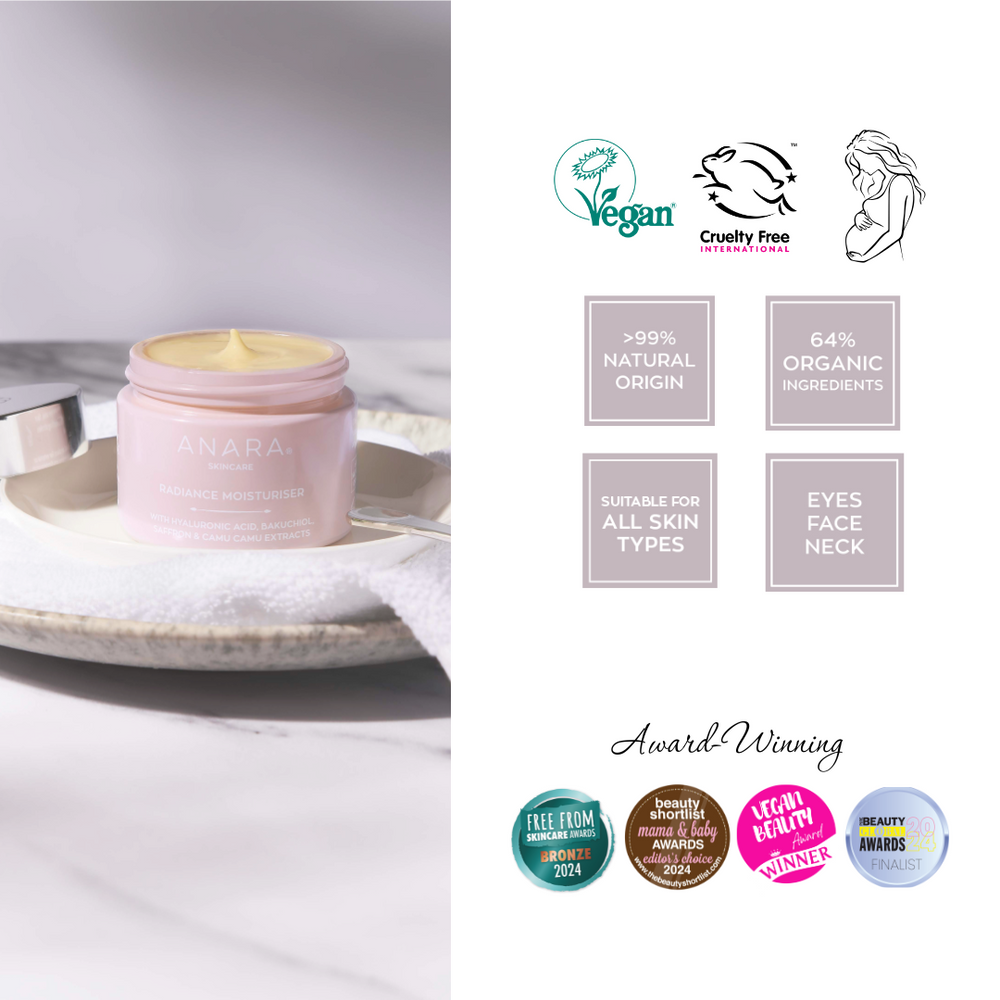 
                  
                    Anara Skincare Radiance Moisturiser with credentials and awards
                  
                