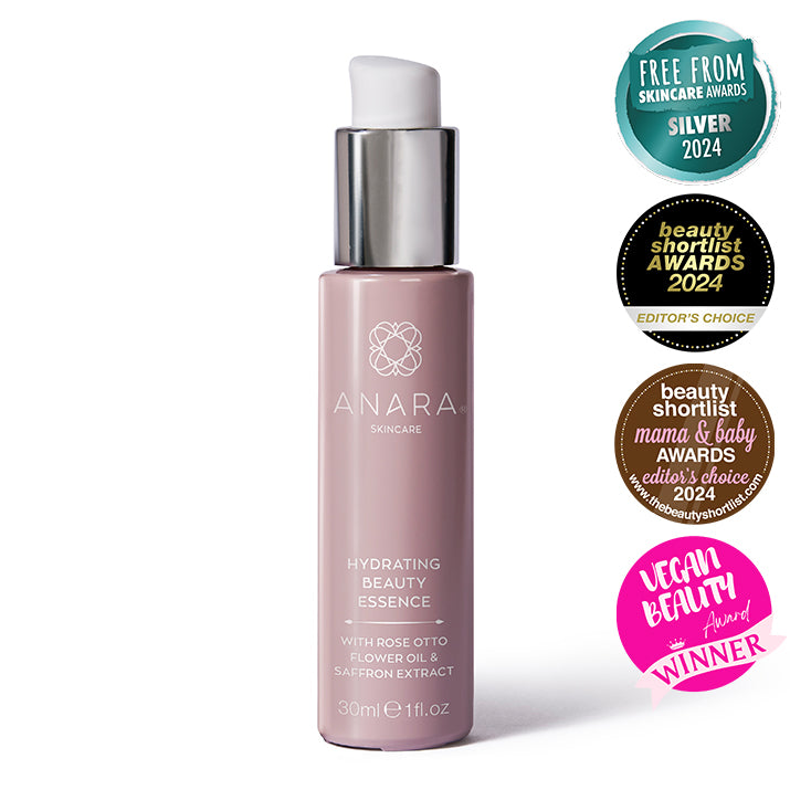 
                  
                    Anara Hydrating Beauty Essence featuring the Free From Silver Awards winner logo, Beauty Shortlist Editor's Choice logo, Mama & Baby Awards Editor's Choice logo and the Vegan Beauty Award Winner logo
                  
                