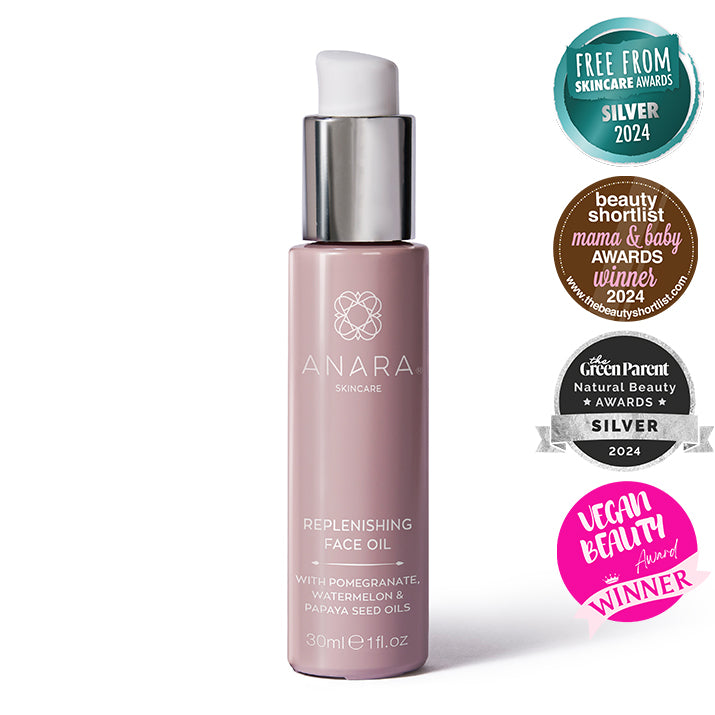 
                  
                    Anara Skincare Replenishing Face Oil with the Free From Skincare Silver Awards Winner, Mama & Baby Awards Winner, Green Parent Natural Beauty Silver Awards winner and the Vegan Beauty Awards Winner award logos
                  
                