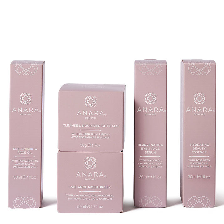 
                  
                    The 5 Anara Skincare products in their outer cartons
                  
                