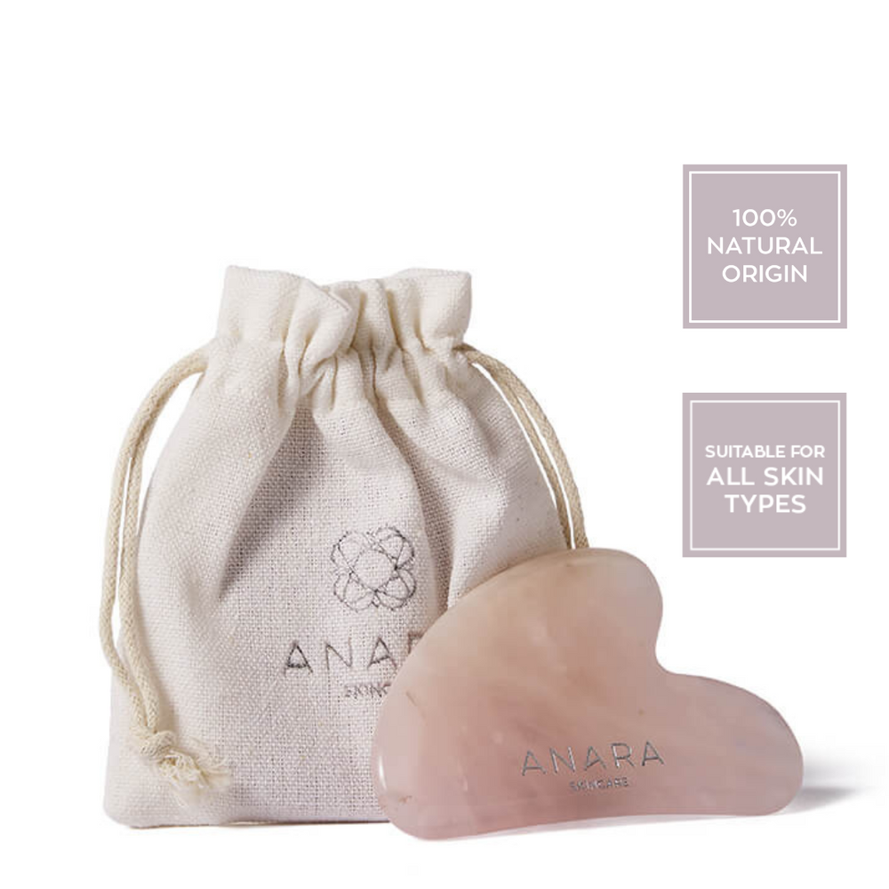 
                  
                    Anara Skincare Rose Quartz Gua Sha with cotton pouch and product credentials
                  
                