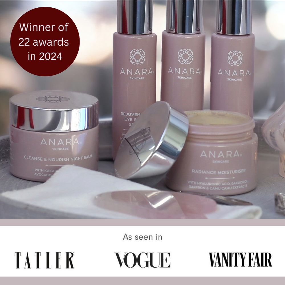 The Anara Skincare Range with As seen in Tatler, Vogue and Vanity Fair with awards logo