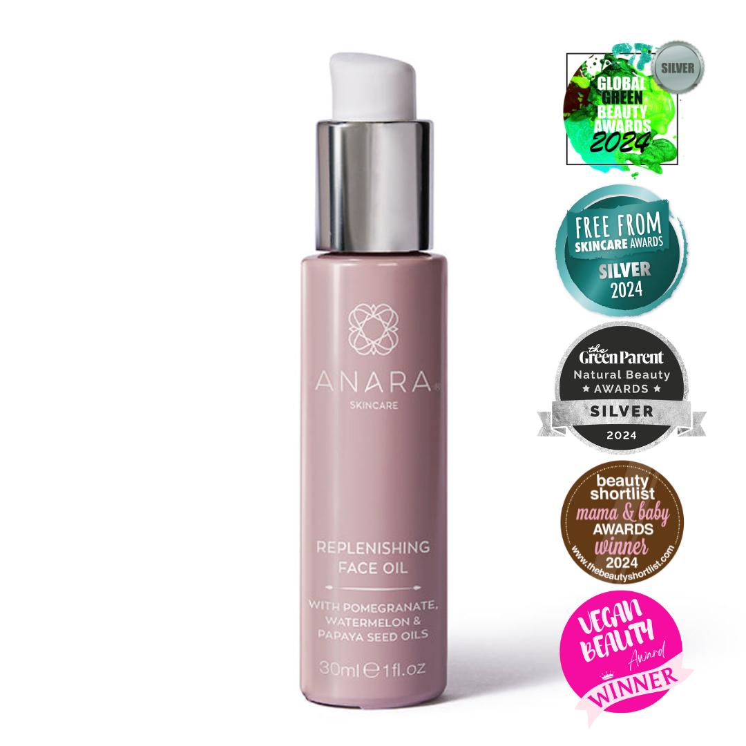 
                  
                    Anara Skincare Replenishing Face Oil with award winning logos from Global Green Beauty Awards, Free From Skincare Awards, The Green Parent Natural Beauty Awards, Beauty Shortlist Mama & Baby Awards, Vegan Beauty Awards
                  
                