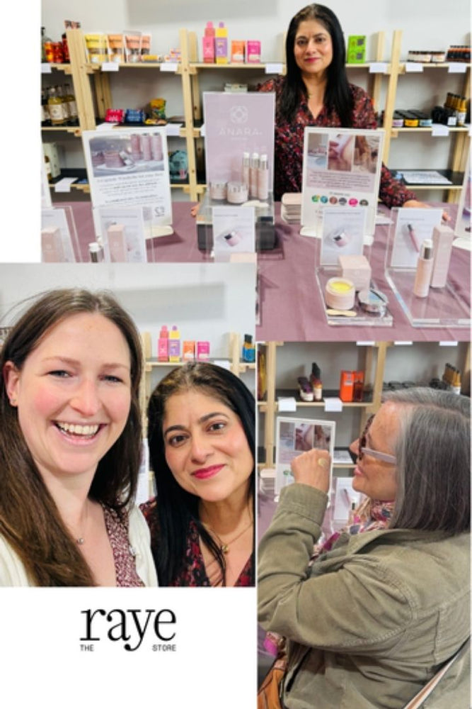Collage of Anara Skincare at The Raye Store wit founder Arati Nar and customers 