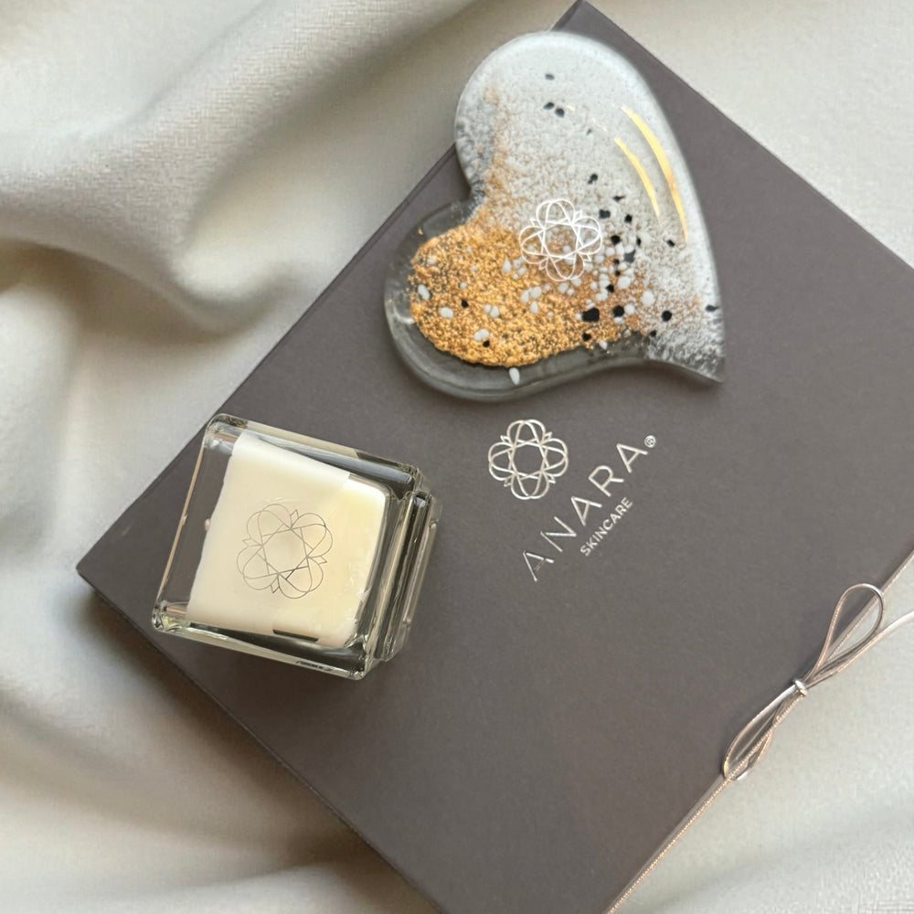 Anara Your Moment Candle and heart shape Eratini fused glass candle plate on Anara gift box