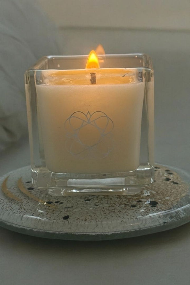 Anara candle lit with Eratini fused glass plate