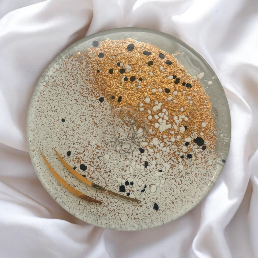 
                  
                    Eratini fused glass candle plate - white, black and gold
                  
                
