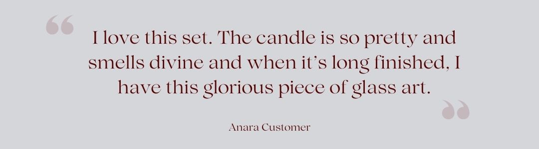 Customer review of Anara candle set on a light grey background