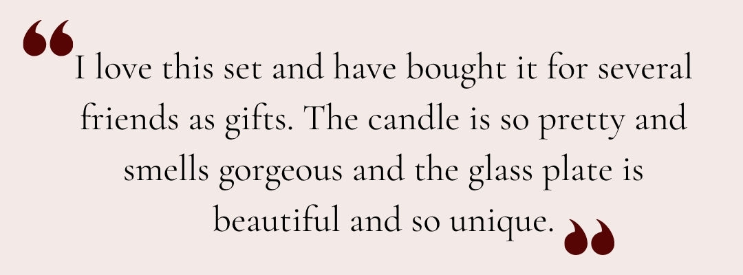 Review of Anara Aromatherapy Candle and Eratini Plate. I love this set and have bought it for several friends as gifts. The candle is so pretty and smells gorgeous and the glass plate is beautiful and so unique.