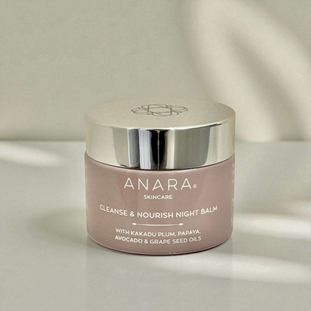 Anara Skincare Cleanse & Nourish Night Balm jar on a neutral background with light