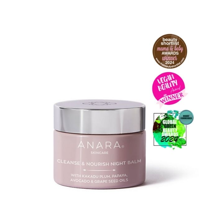 Anara Skincare Cleanse & Nourish Night Balm with award logos
