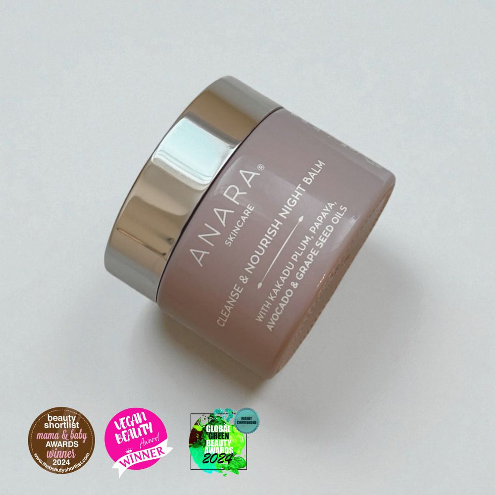 Anara Skincare Cleanse & Nourish Night Balm jar on a light background with awards displayed below.