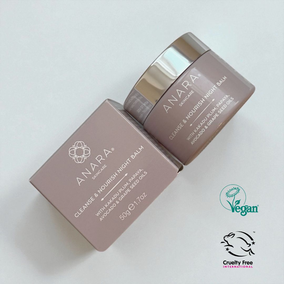
                  
                    Anara Skincare Cleanse & Nourish Night Balm with packaging on a light background with Vegan Society and Leaping Bunny cruelty-free logos
                  
                