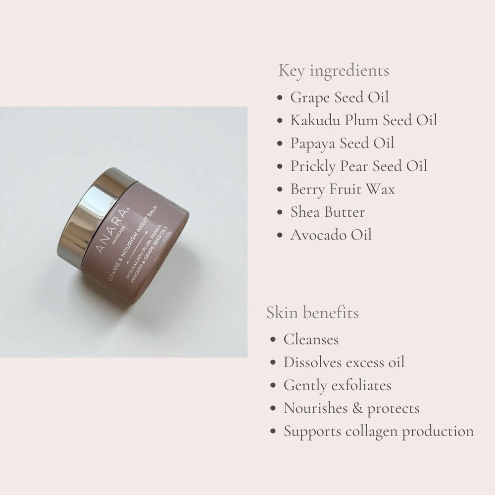 
                  
                    Anara Skincare Cleanse & Nourish Night Balm jar with ingredients and skin benefits
                  
                