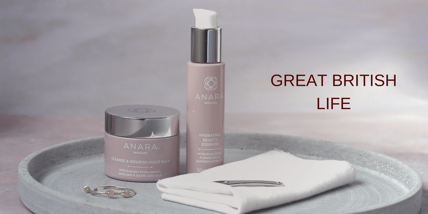 Anara Cleanse & Nourish Night Balm and Hydrating Beauty Essence on a grey tray with Anara spatula