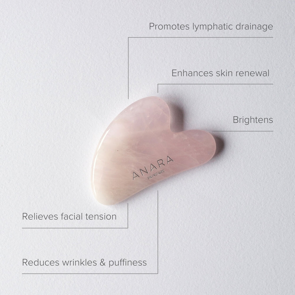 
                  
                    Anara Rose Quartz Gua Sha with product benefits listed
                  
                