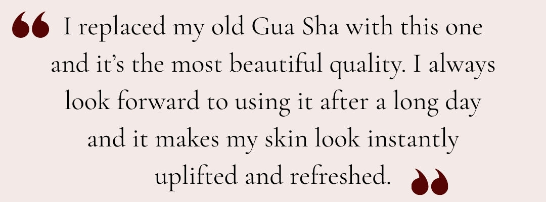 A review for Anara Gua Sha on a light pink background. I replaced my old Gua Sha with this one and it's the most beautiful quality.