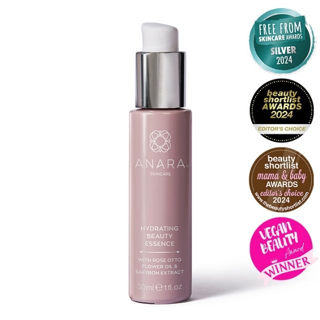 Anara Skincare Hydrating Beauty Essence with Award logos