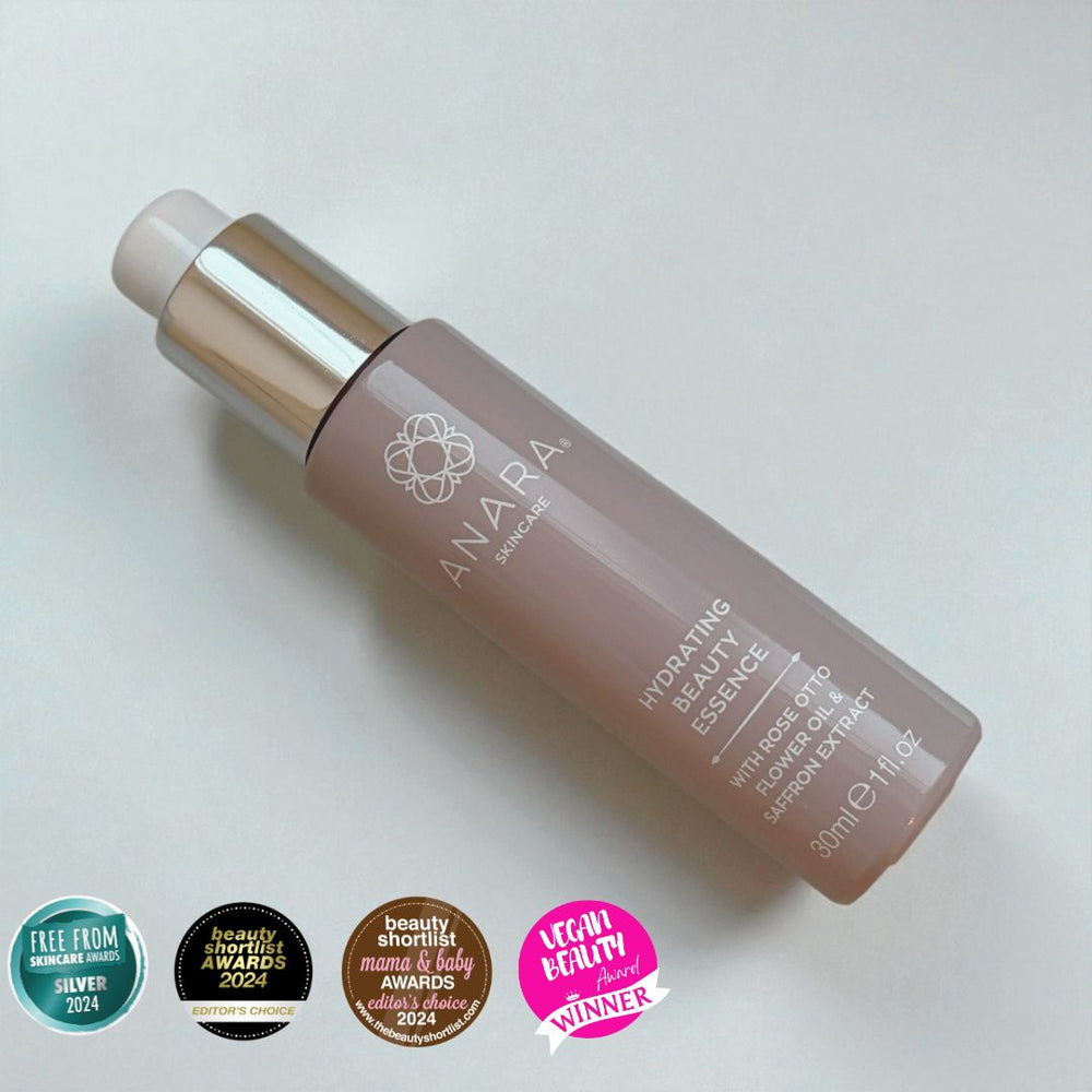 Anara Skincare Hydrating Beauty Essence on a light background, featuring awards below.