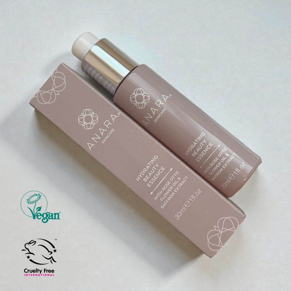 
                  
                    Anara Skincare Hydrating Beauty Essence with packaging on a light background with Vegan Society and Leaping Bunny cruelty-free logos
                  
                