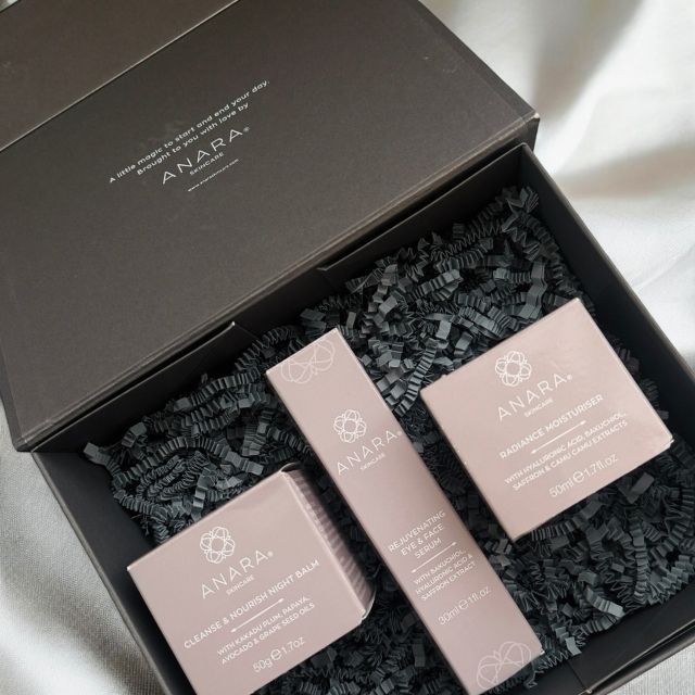 Anara Skincare products in retail cartons inside gift box