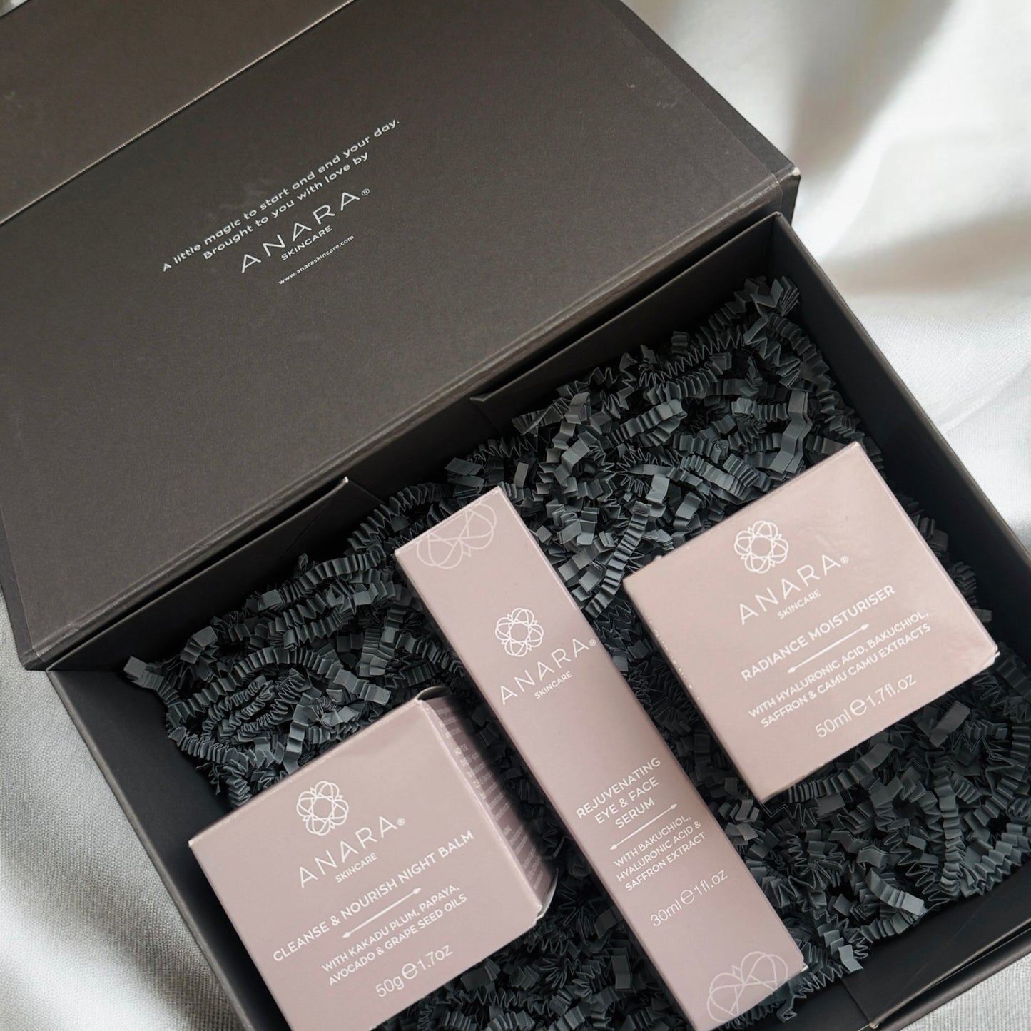 Anara Radiance Moisturiser, Rejuvenating Eye & Face Serum, Cleanse & Nourish Night Balm and Rose Quartz Gua Sha in their outer cartons presented in grey Anara branded magnetic gift box