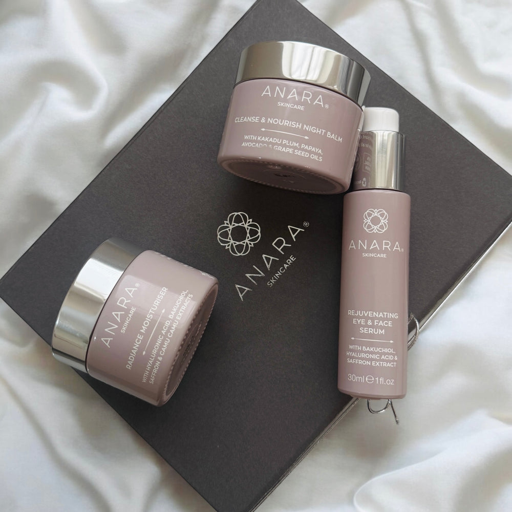 Anara Radiance Moisturiser, Rejuvenating Eye & Face Serum  and Cleanse & Nourish Night Balm on grey magnetic gift box with Anara logo in silver