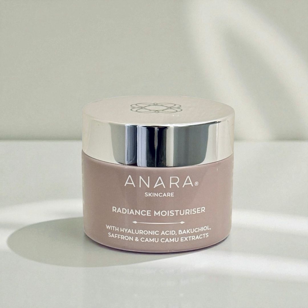 Anara Skincare Radiance Moisturiser jar on a neutral background with light