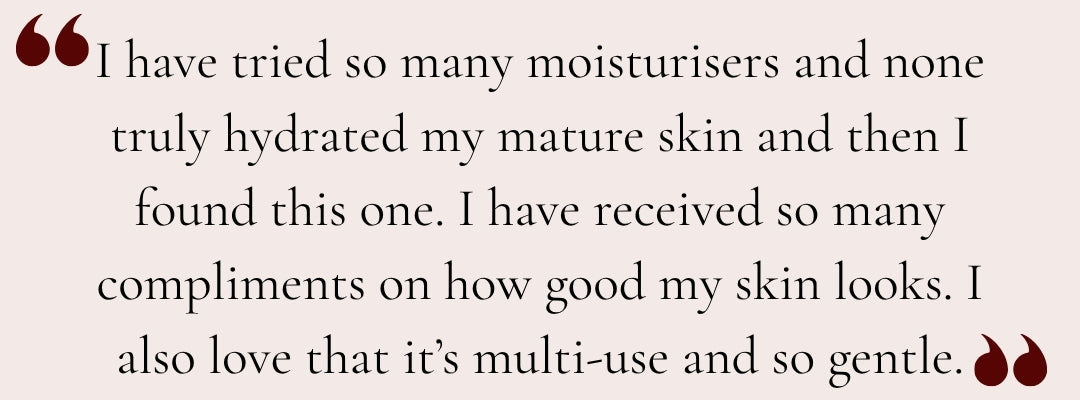 A review for Radiance Moisturiser on a pale pink background, saying they loved it on mature skin and have received so many compliments on how good their skin looks.