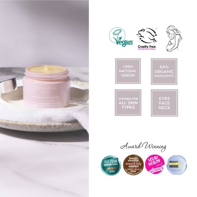 
                  
                    Anara Skincare Radiance Moisturiser with award logos and credentials
                  
                