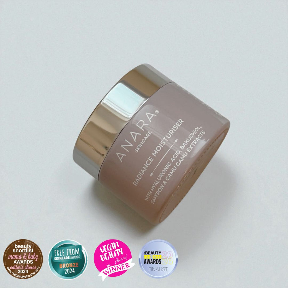 Anara Skincare Radiance Moisturiser jar on a light grey background with awards badges below.