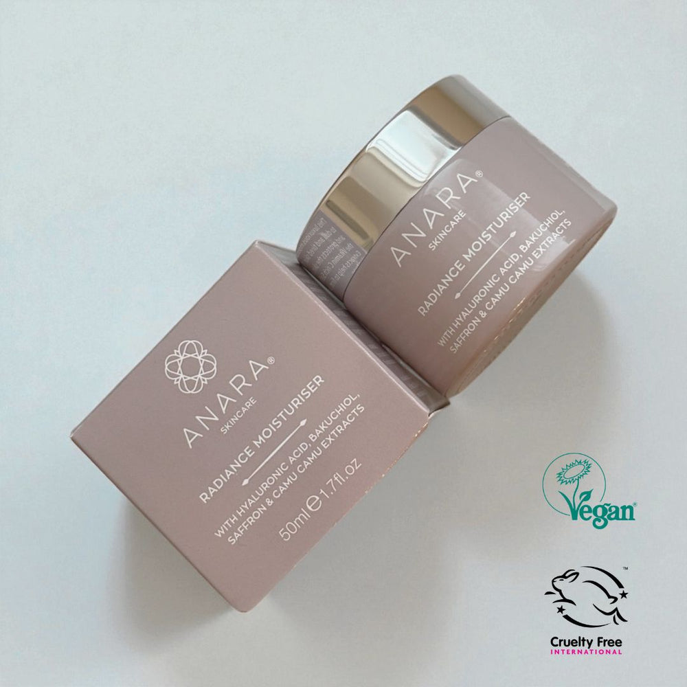 
                  
                    Anara Skincare Radiance Moisturiser with packaging on a light background with Vegan Society and Leaping Bunny cruelty-free logos
                  
                
